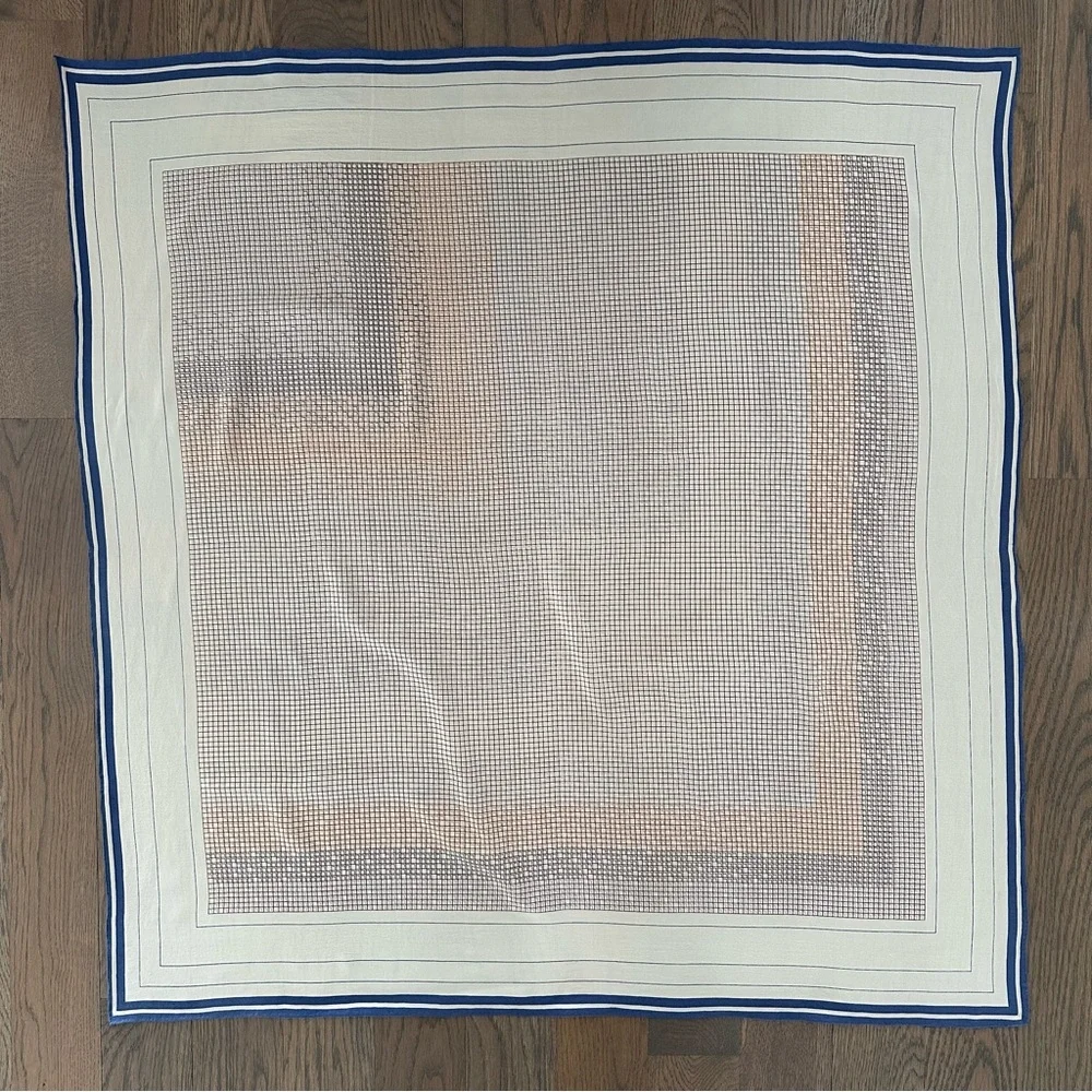 Vintage Anthro 100% Silk Crepe Scarf Grid Print Cream, Rust, Blue 34